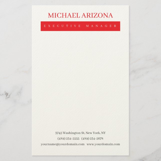 Red Black & White Minimalist Simple Plain Modern Stationery (Front)