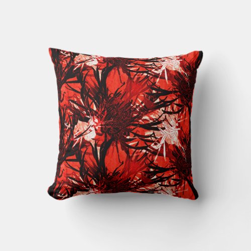 Red Black  White Modern Elegant Abstract Floral Throw Pillow