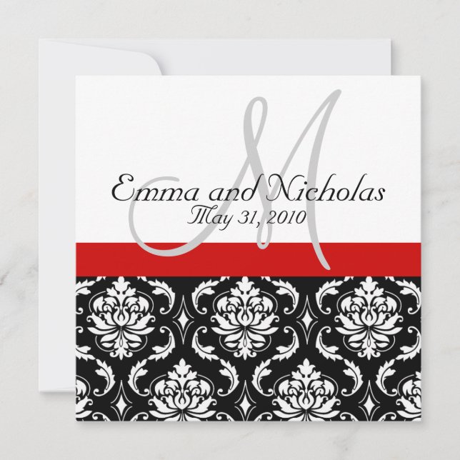 Red Black White Monogram Damask Wedding Invite (Front)