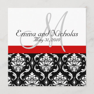 Red Black White Monogram Damask Wedding Invite