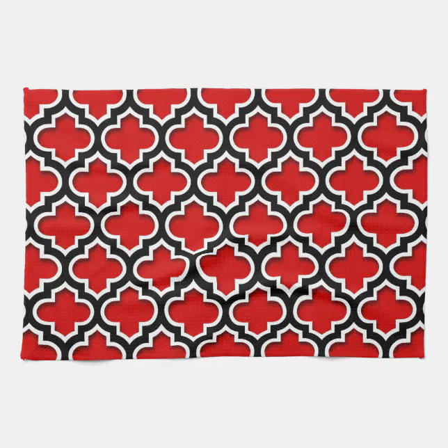 Red Black White Moroccan Quatrefoil Pattern 5ds Kitchen Towel Zazzle