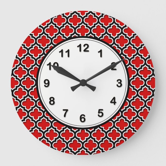 Red Black White Moroccan Quatrefoil Pattern #5DS Large Clock (Front)