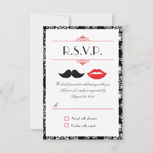 Red, Black & White Mustache & Lips Damask RSVP Card (Front)