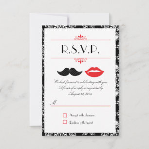 Red, Black & White Mustache & Lips Damask RSVP Card
