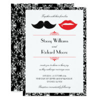 Red, Black & White Mustache & Lips Damask Wedding Card