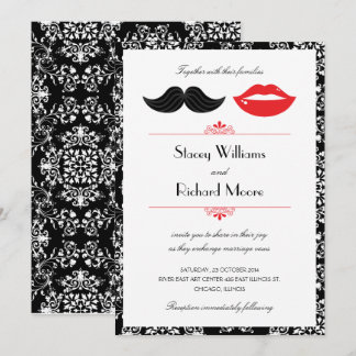 Red, Black & White Mustache & Lips Damask Wedding Invitation