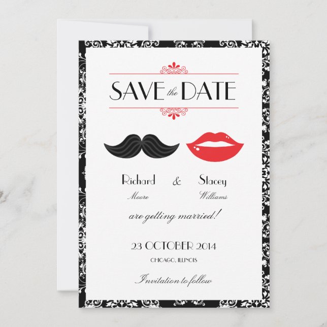Red, Black & White Mustache & Lips Damask Wedding Save The Date (Front)