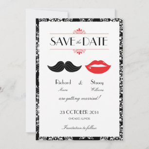 Red, Black & White Mustache & Lips Damask Wedding Save The Date