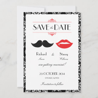 Red, Black & White Mustache & Lips Damask Wedding Save The Date