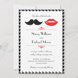 Red, Black & White Mustache & Lips Houndstooth Wed Invitation