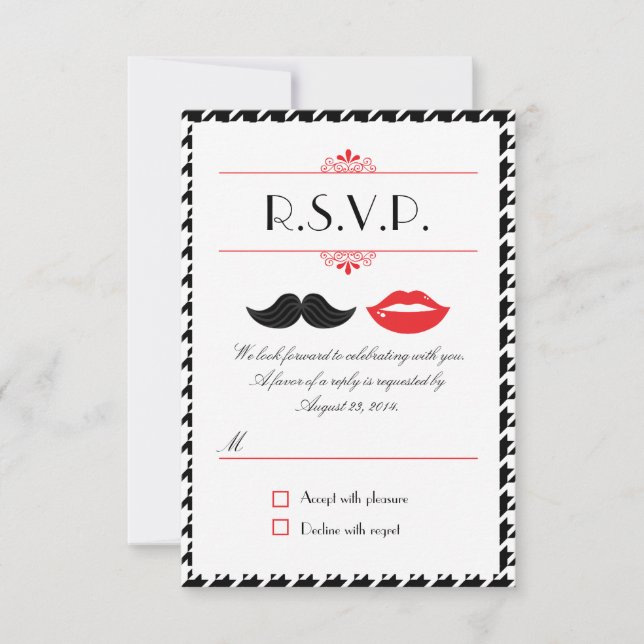 Red, Black & White Mustache & Lips Houndstooth Wed RSVP Card (Front)