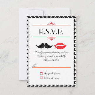 Red, Black & White Mustache & Lips Houndstooth Wed RSVP Card