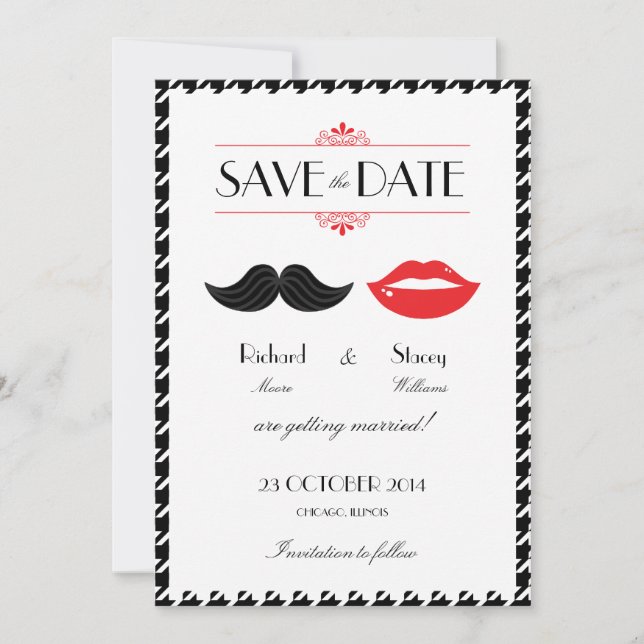 Red, Black & White Mustache & Lips Houndstooth Wed Save The Date (Front)