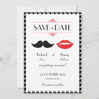 Red, Black & White Mustache & Lips Houndstooth Wed Save The Date