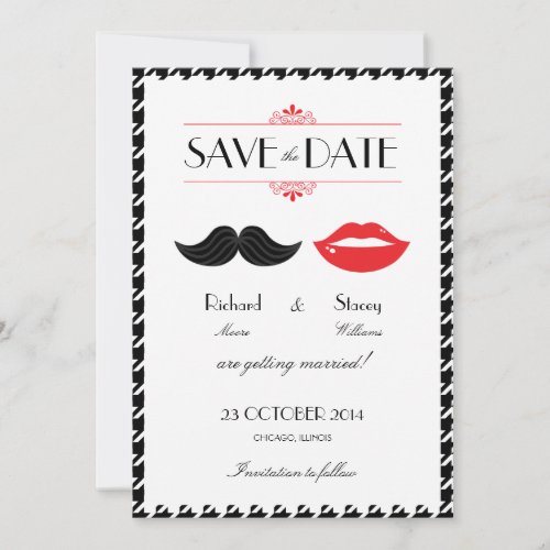 Red, Black &amp; White Mustache &amp; Lips Houndstooth Wed Save The Date