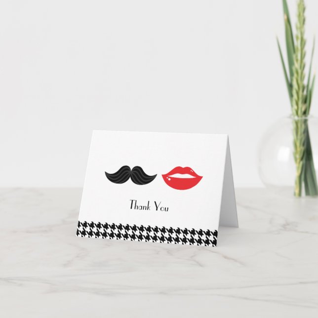 Red, Black & White Mustache & Lips Houndstooth Wed Thank You Card (Front)