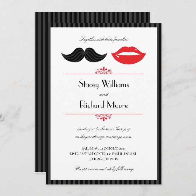 Red, Black & White Mustache & Lips Wedding Invitation (Front/Back)