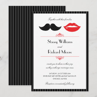Red, Black & White Mustache & Lips Wedding Invitation