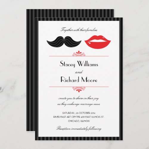 Red Black  White Mustache  Lips Wedding Invitation