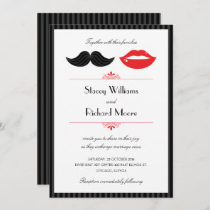 Red, Black & White Mustache & Lips Wedding Invitation