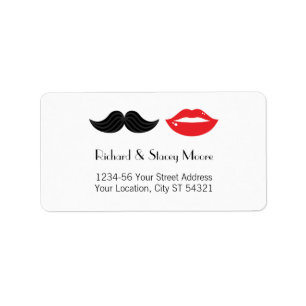 Red, Black & White Mustache & Lips Wedding Label