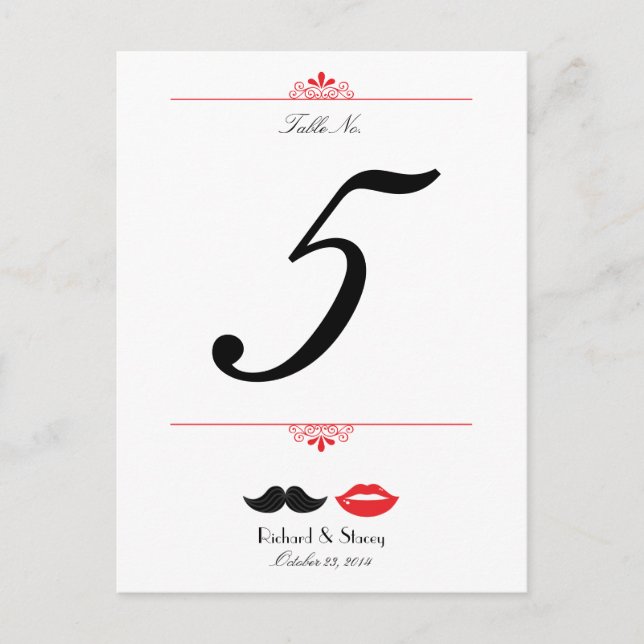 Red, Black & White Mustache & Lips Wedding Postcard (Front)