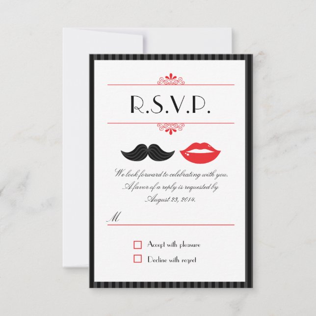 Red, Black & White Mustache & Lips Wedding RSVP (Front)