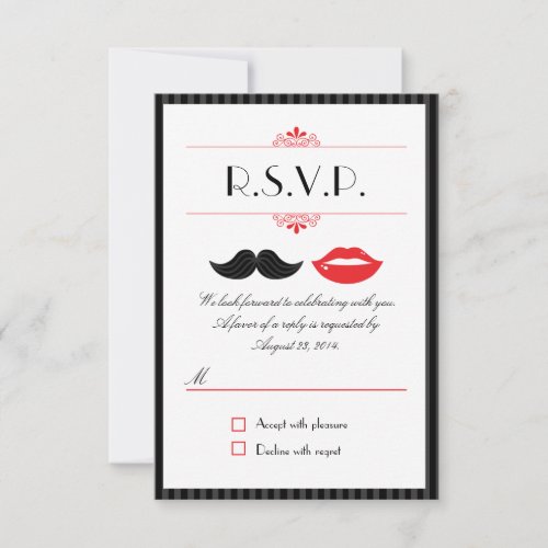 Red, Black &amp; White Mustache &amp; Lips Wedding RSVP