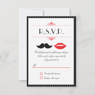 Red, Black & White Mustache & Lips Wedding RSVP Card