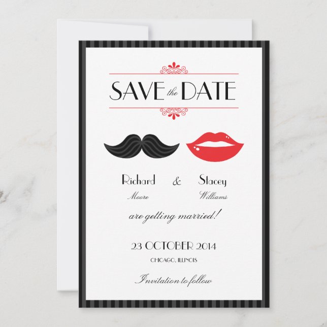 Red, Black & White Mustache & Lips Wedding Save The Date (Front)