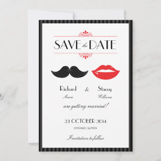 Red, Black & White Mustache & Lips Wedding Save The Date