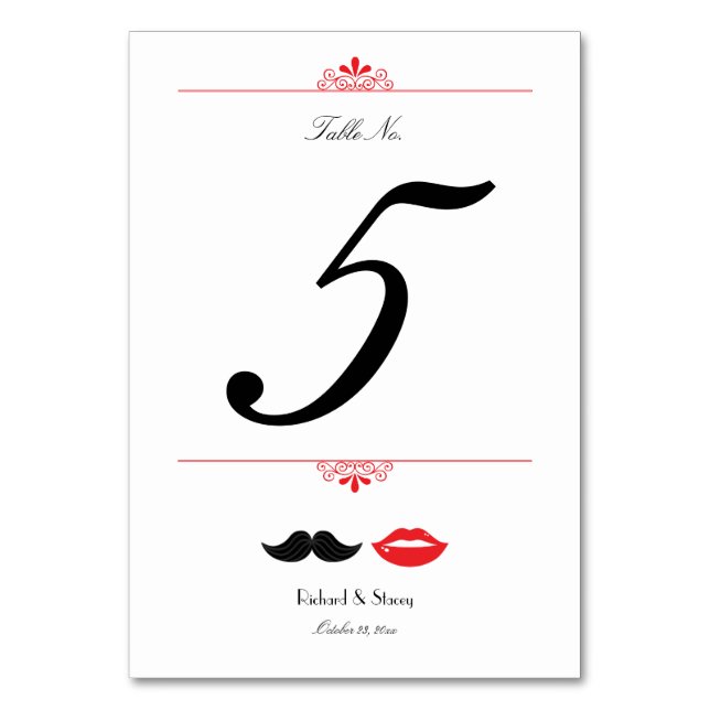 Red, Black & White Mustache & Lips Wedding Table Number (Front)