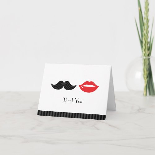 Red Black  White Mustache  Lips Wedding Thank You Card