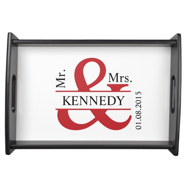 Red Black White Newly Weds Custom Monogram Serving Tray (Front)