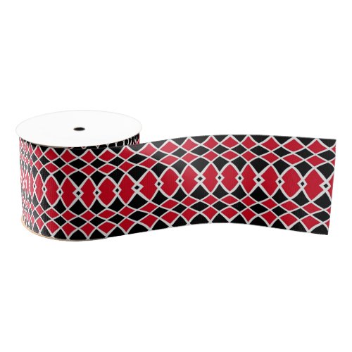 Red Black White Op Art Mosaic Geometric Pattern Grosgrain Ribbon