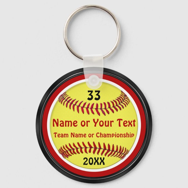Red, Black, White PERSONALIZED Softball Keychains (Front)