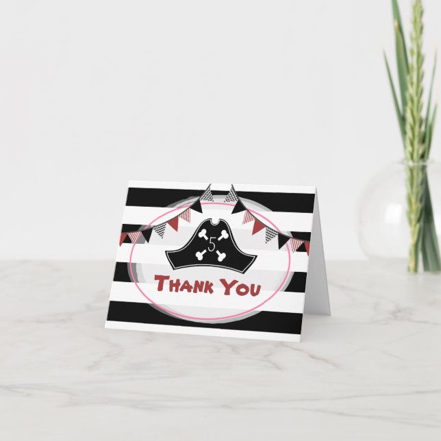 Red Black + White Pirate Birthday Thank You Card (Front)