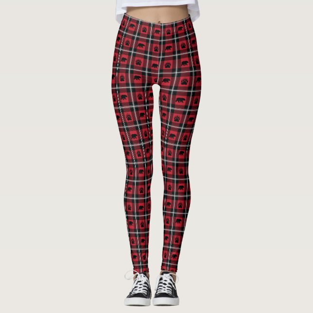 Red Black & White Plaid Bear Paw Flannel Leggings (Front)
