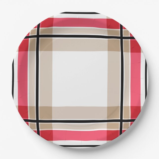 Red black white plaid paper plates (Front)