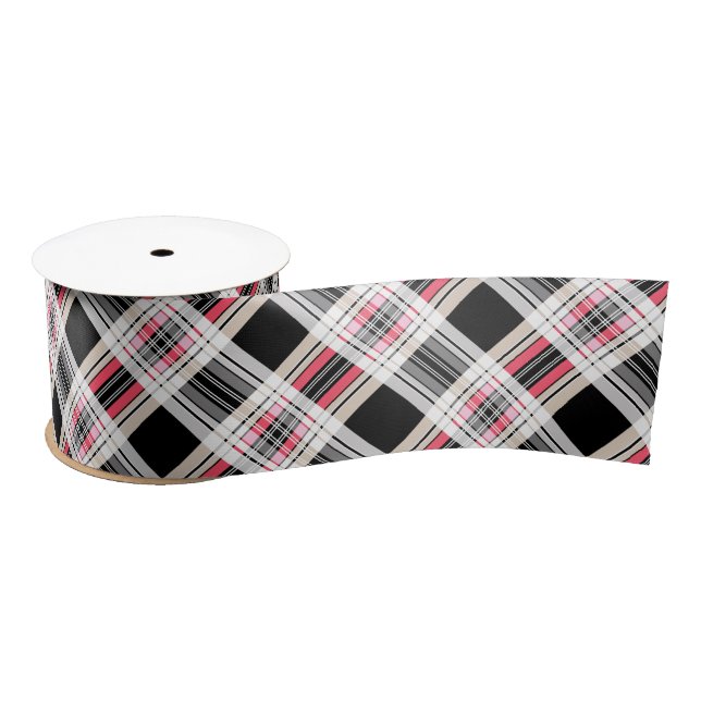 Red black white plaid satin ribbon (Spool)