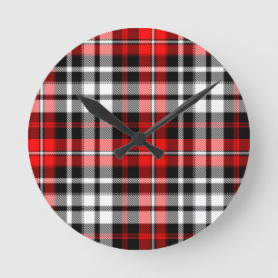 Red Black White Plaid Tartan Pattern Design  Round Clock