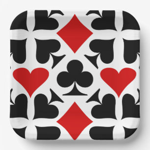 Red, Black & White Playing Card Symbols Pattern Paper Plates