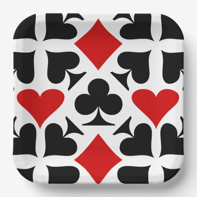 Red, Black & White Playing Card Symbols Pattern Paper Plates (Front)