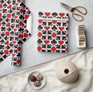 Red, Black & White Playing Card Symbols Pattern Wrapping Paper