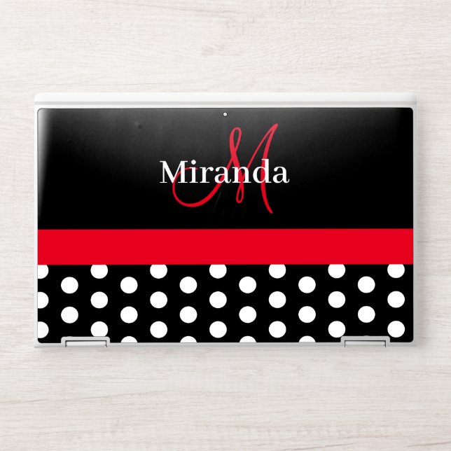Red Black White Polka Dot Monogram HP Laptop Skin (Front)