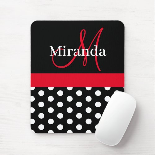 Red Black White Polka Dot Monogram Mouse Pad