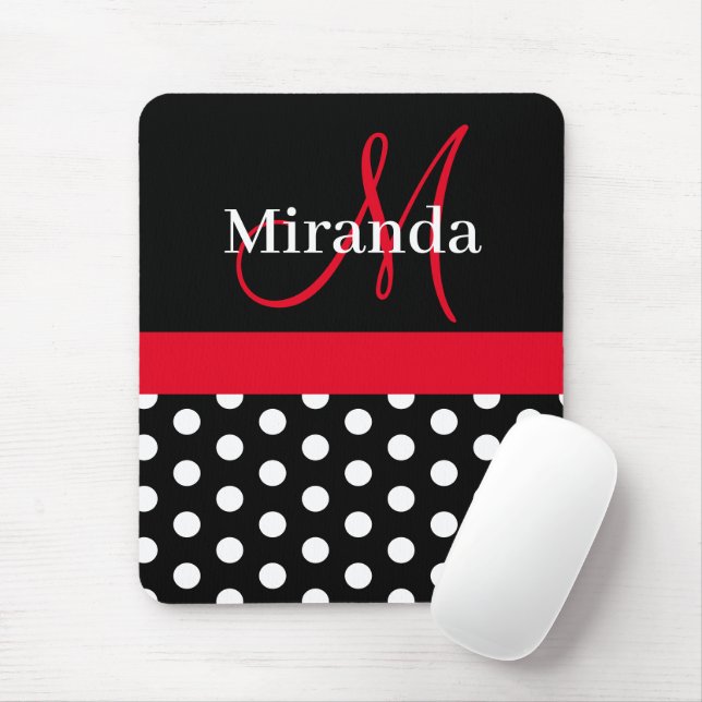 Red Black White Polka Dot Monogram Mouse Pad (With Mouse)