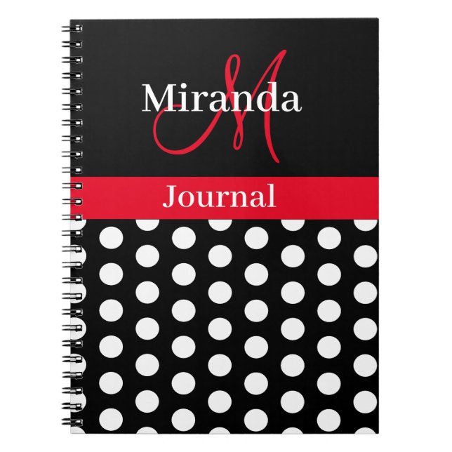 Red Black White Polka Dot Monogram Notebook (Front)