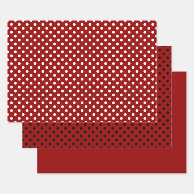 Red Black White Polka Dot Pattern Wrapping Paper Sheets (Set)