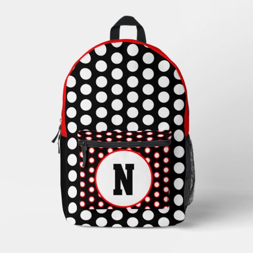 Red Black White Polka Dots Monogram Printed Backpack
